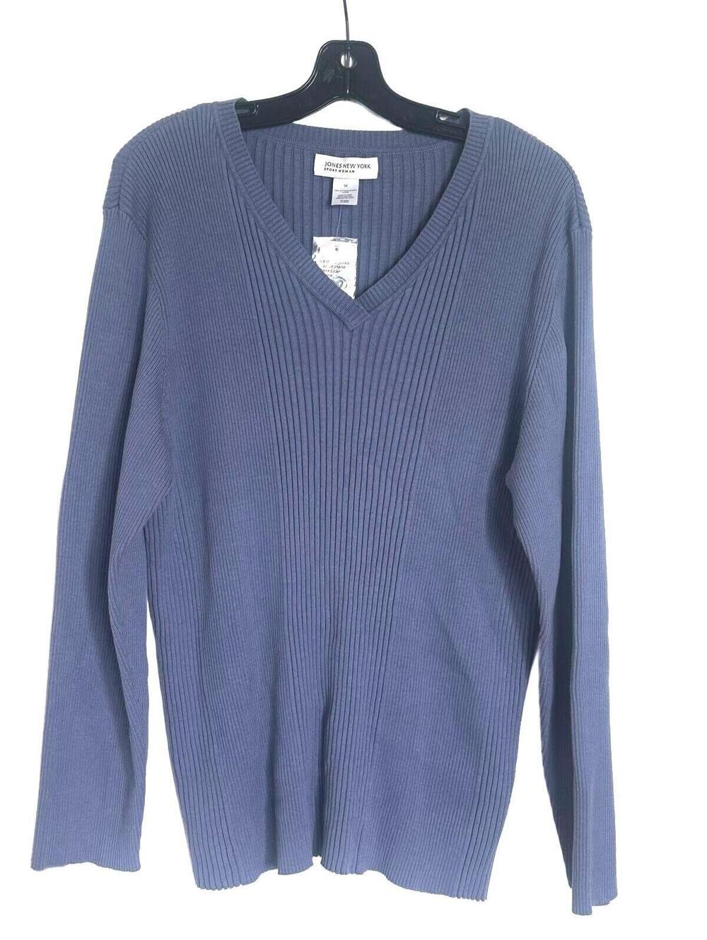 Jones New York Sport Women Denim Blue Ribbed V-Neck Long Sleeve Sweater - 3X NWT